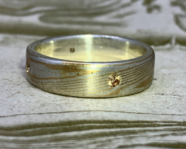 Mokume Gane Band with Yellow sapphires-22k gold and sterling